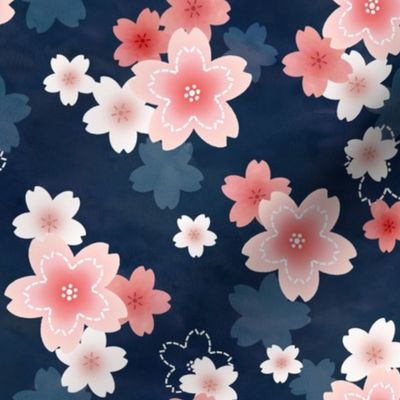 Sakura blossom in pink with navy blue watercolor background background