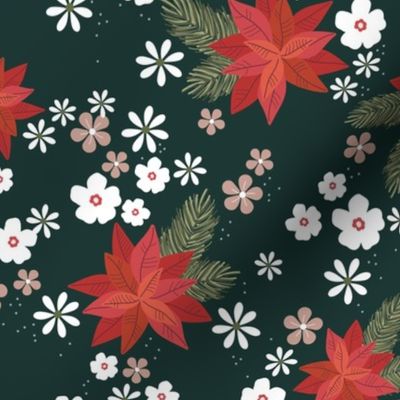 Christmas vines and holiday blossom flowers botanical seasonal mistletoe and poinsettia flower design traditional red green emerald pine white