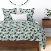 Christmas vines and holiday blossom flowers botanical seasonal mistletoe and poinsettia flower design traditional ruby red green on teal aqua blue