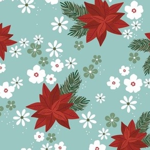 Christmas vines and holiday blossom flowers botanical seasonal mistletoe and poinsettia flower design traditional ruby red green on teal aqua blue