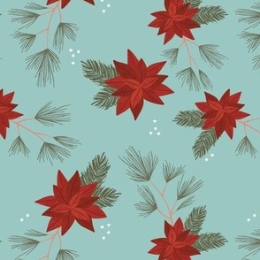 Botanical Christmas vines seasonal poinsettia flowers happy holidays and stars design traditional ruby red green on teal aqua blue
