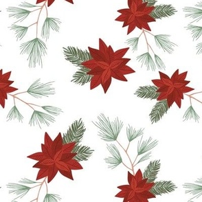Botanical Christmas vines seasonal poinsettia flowers happy holidays and stars design traditional ruby red green on white traditional palette