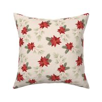 Botanical Christmas vines seasonal poinsettia flowers happy holidays and stars design traditional red green on blush cream