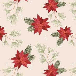 Botanical Christmas vines seasonal poinsettia flowers happy holidays and stars design traditional red green on blush cream