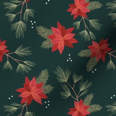 Botanical Christmas vines seasonal poinsettia flowers happy holidays and stars design traditional red green emerald traditional palette