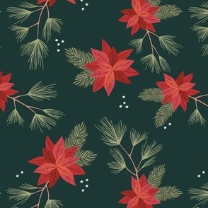 Botanical Christmas vines seasonal poinsettia flowers happy holidays and stars design traditional red green emerald traditional palette
