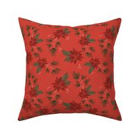 Botanical Christmas vines seasonal poinsettia flowers happy holidays and stars design traditional ruby red green traditional palette