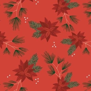 Botanical Christmas vines seasonal poinsettia flowers happy holidays and stars design traditional ruby red green traditional palette