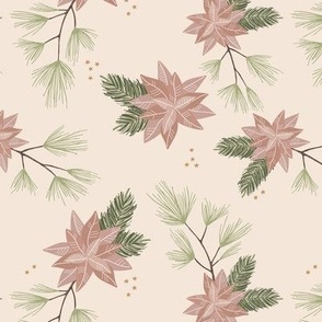 Botanical Christmas vines seasonal poinsettia flowers happy holidays and stars design traditional tan beige green golden stars vintage palette