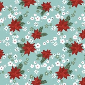 Christmas vines and holiday blossom flowers botanical seasonal mistletoe and poinsettia flower design traditional ruby red green on teal aqua blue SMALL