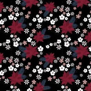 Christmas vines and holiday blossom flowers botanical seasonal mistletoe and poinsettia flower design red blue on black SMALL