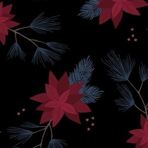 Botanical Christmas vines seasonal poinsettia flowers happy holidays and stars design traditional ruby red blue on black night LARGE