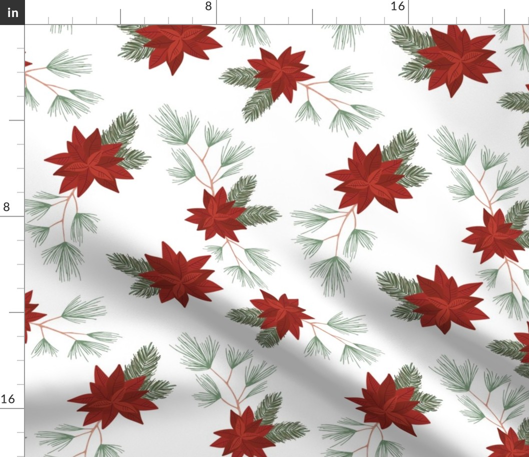 Botanical Christmas vines seasonal poinsettia flowers happy holidays and stars design traditional ruby red green on white traditional palette LARGE