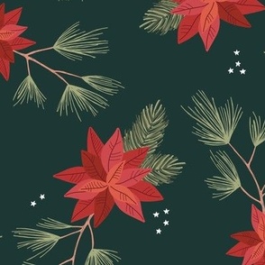 Botanical Christmas vines seasonal poinsettia flowers happy holidays and stars design traditional red green emerald traditional palette LARGE