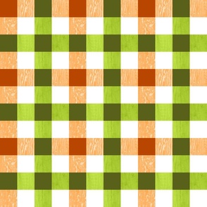 Woodland Check- Fall Checkered Plaid with Woodgrain Texture- Apricot Orange Terracotta Yellow Green Avocado Olive- Small Scale