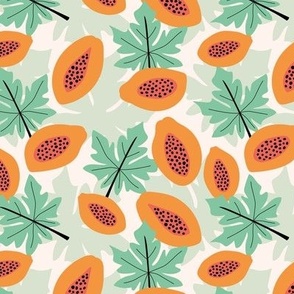 Fruit garden - lush papaya jungle and leaves fruit garden summer design orange coral sage green