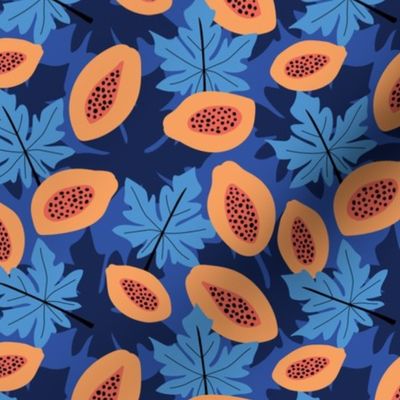 Fruit garden - lush papaya jungle and leaves fruit garden summer design orange coral red blue 