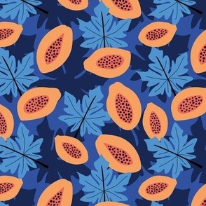 Fruit garden - lush papaya jungle and leaves fruit garden summer design orange coral red blue 
