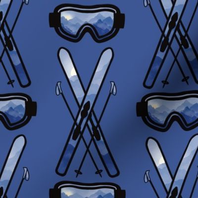 Skis and Goggles with Mountains and Blue Background