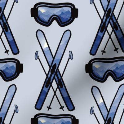 Skis and Goggles with Mountains and Blue Background