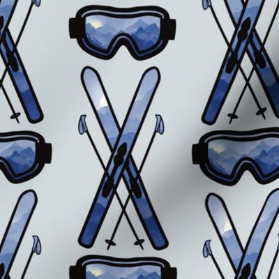 Skis and Goggles with Mountains and Gray Blue Background