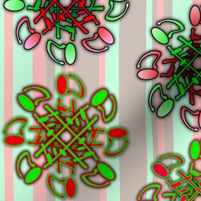 Christmas Mandalas on Muted Stripes - light christmas red, light christmas green,  light christmas grey, christmas red, christmas green - c6ffde, ffbfbd, fb0a00, 00c300, cdc0b8
