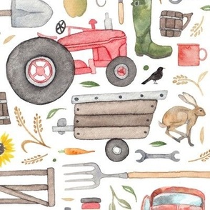 Farmer tractor trailer watercolour