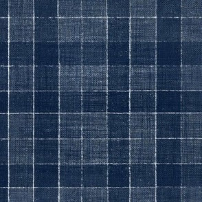 Hand Drawn Checks on Navy Blue Tartan (xl scale) | Rustic fabric in dark blue and white, linen texture checked fabric, windowpane fabric, plaid, gingham, stripes, squares fabric.