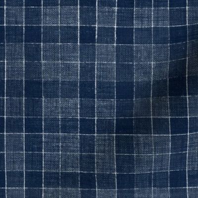 Hand Drawn Checks on Navy Blue Tartan (large scale) | Rustic fabric in dark blue and white, linen texture checked fabric, windowpane fabric, plaid, gingham, stripes, squares fabric.