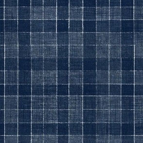 Hand Drawn Checks on Navy Blue Tartan (large scale) | Rustic fabric in dark blue and white, linen texture checked fabric, windowpane fabric, plaid, gingham, stripes, squares fabric.