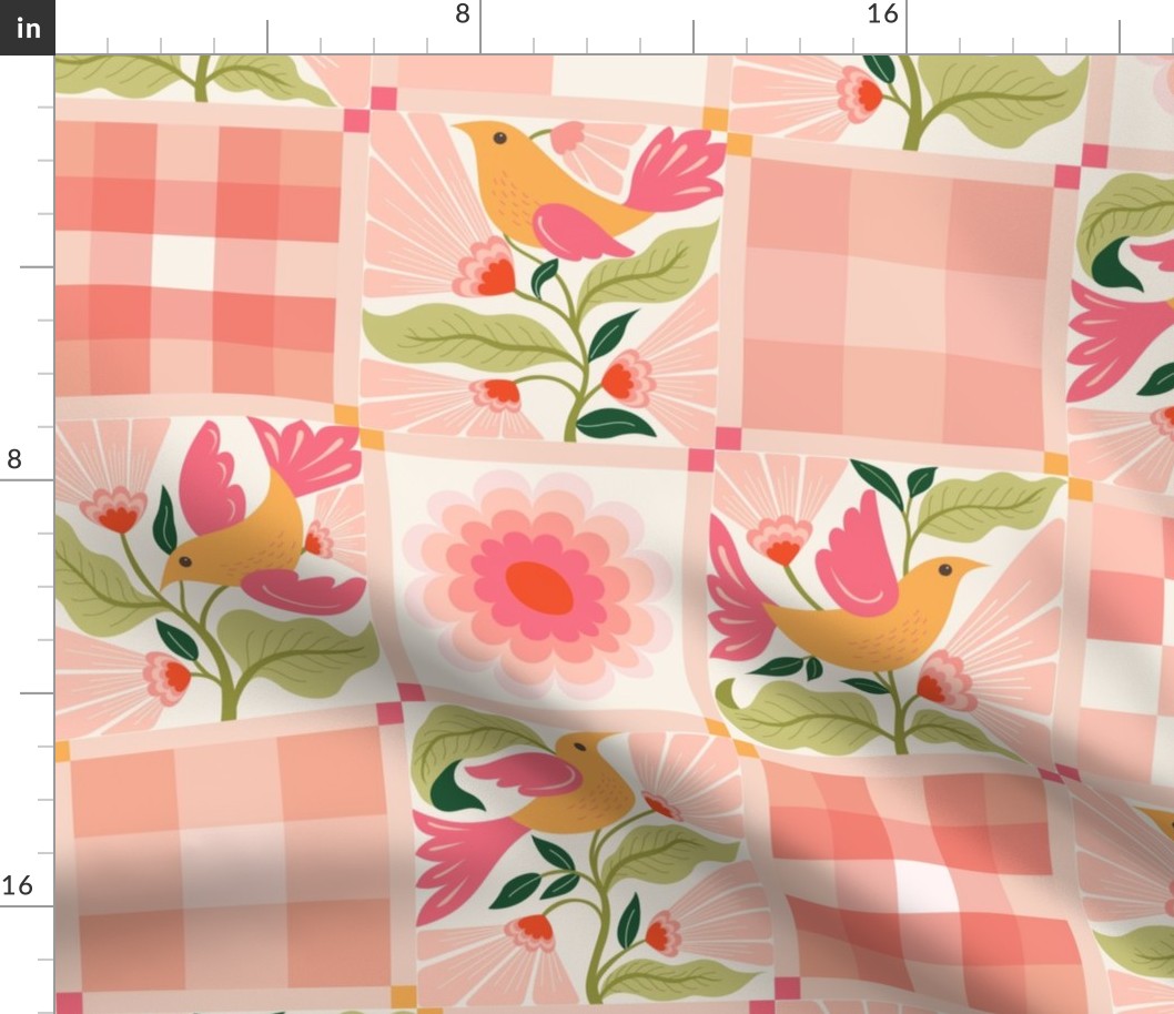 (L) Cheerful Plaids with flowers and birds