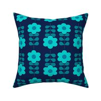 Mid Century Modern Scandi Geometric Flowers Teal on Blue Home Decor