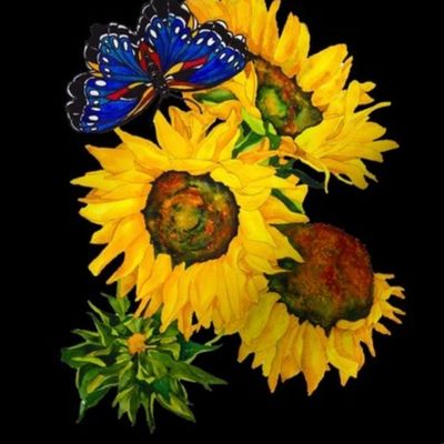 109a.  MINI Blue Butterfly and Sunflowers on Black