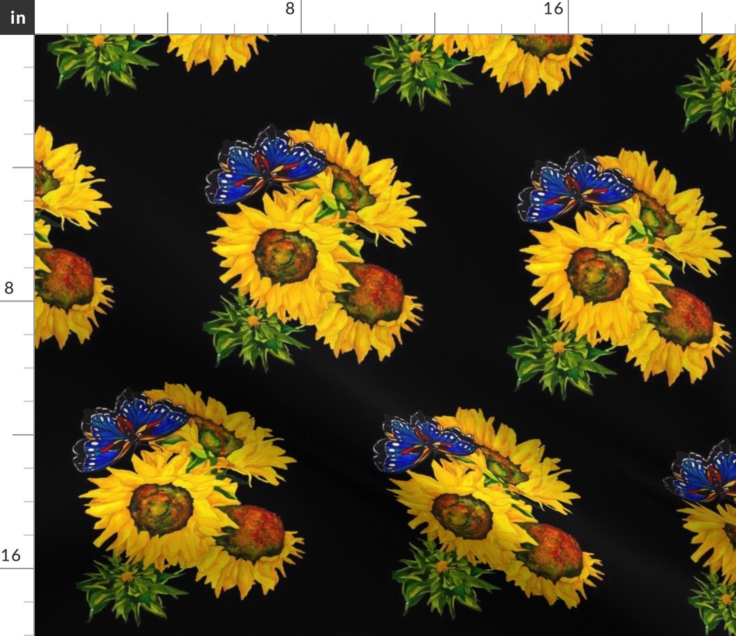109a.  MINI Blue Butterfly and Sunflowers on Black