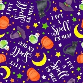 Medium Scale I Put a Spell On You Halloween Witch Hats Potions Black Cats Pumpkins Stars on Purple