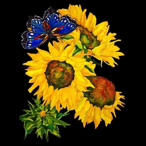 109c.  LARGE Blue butterfly and Sunflowers on black