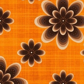 Retro tonal brown layered flowers on slubby orange plaid large
