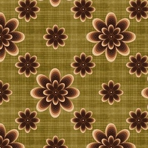 Retro tonal brown layered flowers on olive slub plaid small