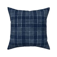 Hand Drawn Checks on Navy Blue Tartan (xxl scale) | Rustic fabric in dark blue and white, linen texture checked fabric, windowpane fabric, plaid, gingham, stripes, squares fabric.