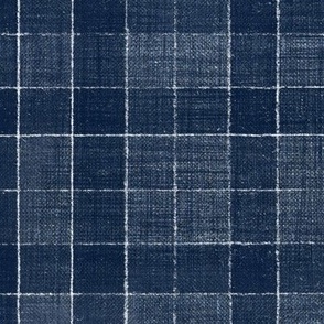 Hand Drawn Checks on Navy Blue Tartan (xxl scale) | Rustic fabric in dark blue and white, linen texture checked fabric, windowpane fabric, plaid, gingham, stripes, squares fabric.