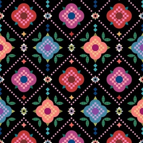 Cheerful jewel tone check floral with eyes - black background - large