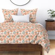 Cheerful Smiley Face Flowers on Boho Checks Blue Green Peach Beige