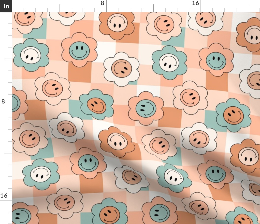 Cheerful Smiley Face Flowers on Boho Checks Blue Green Peach Beige