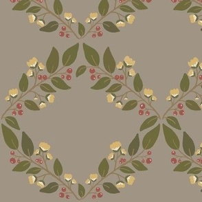 Leaf Trellis with Gold Flowers and Red Berries 