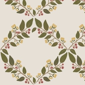 Leaf Trellis Cream with Green Leaves & Red Berries 