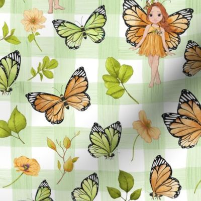 orange and green butterflies green gingham