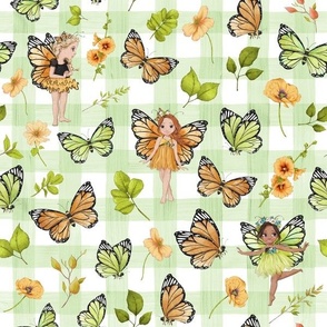 orange and green butterflies green gingham