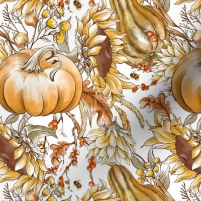 Hand drawn autumn harvest with pumpkin and sunflowers on white