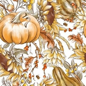 Hand drawn autumn harvest with pumpkin and sunflowers on white