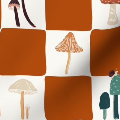 Foraged fungi checkerboard, mushroom wallpaper, mushrooms and checks, rustic mushroom, fall mushroom, halloween mushroom, LARGE scale